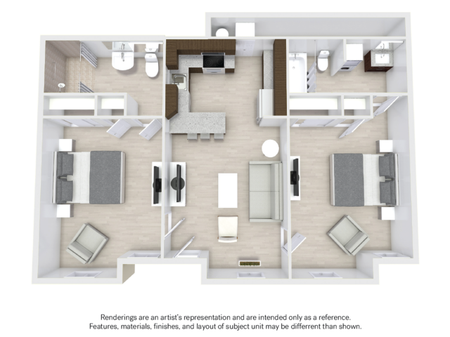 Floor plan for 2 beds, 2 baths, 925 sqft